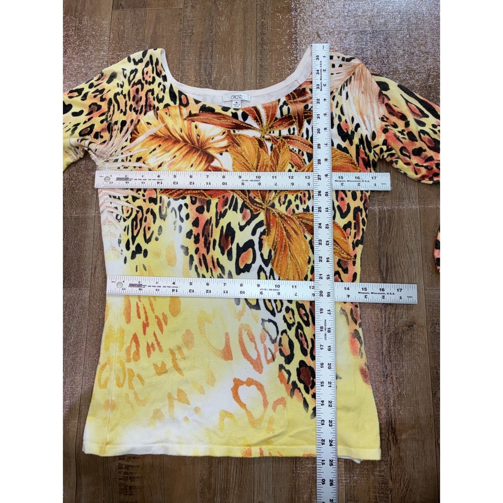 Cache Top Women Medium Yellow Animal Print Beaded Floral Scoop Neck 3/4 Sleeve - Picture 5 of 6